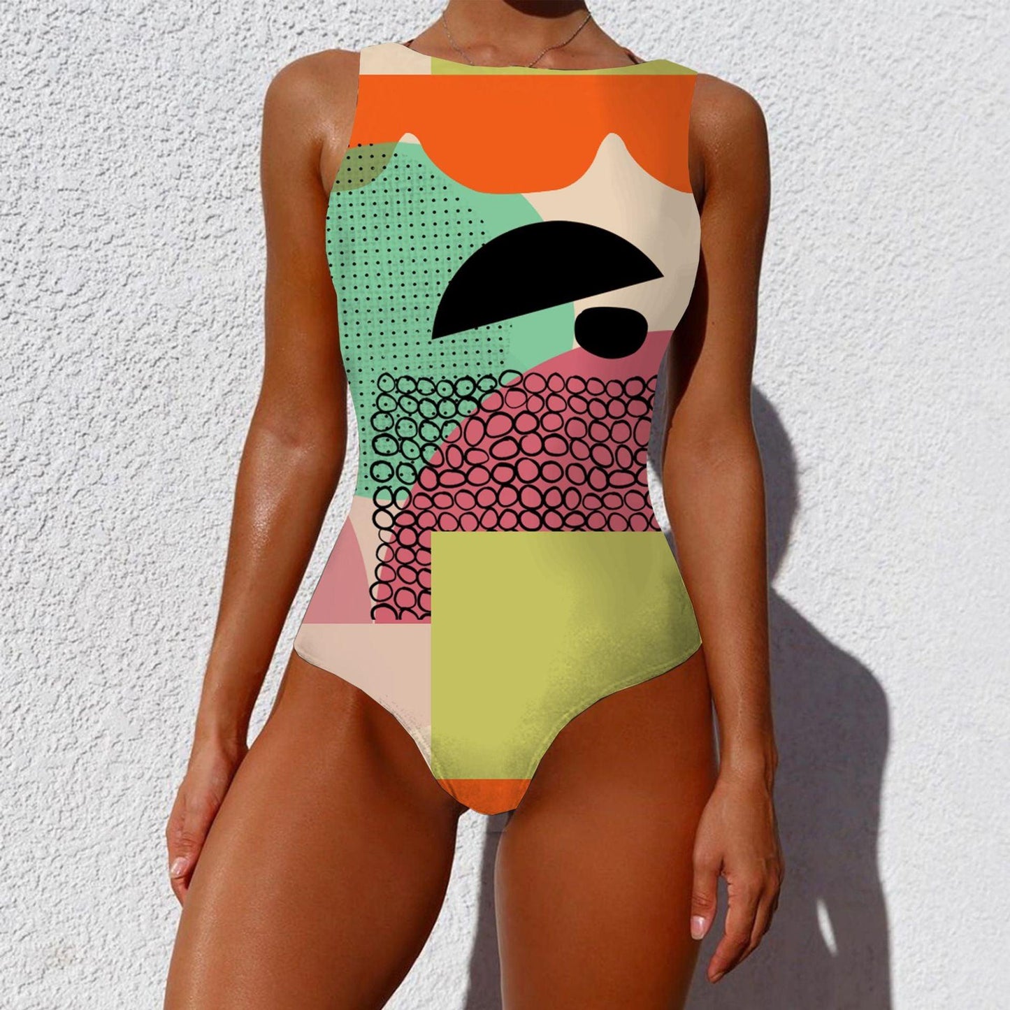 One-piece Fashion Vintage Abstract Print Lady Swimsuit Women Sleeveless Round Neck Bikini Swimwear Summer Push Up Swimsuit - Elite Essence Store