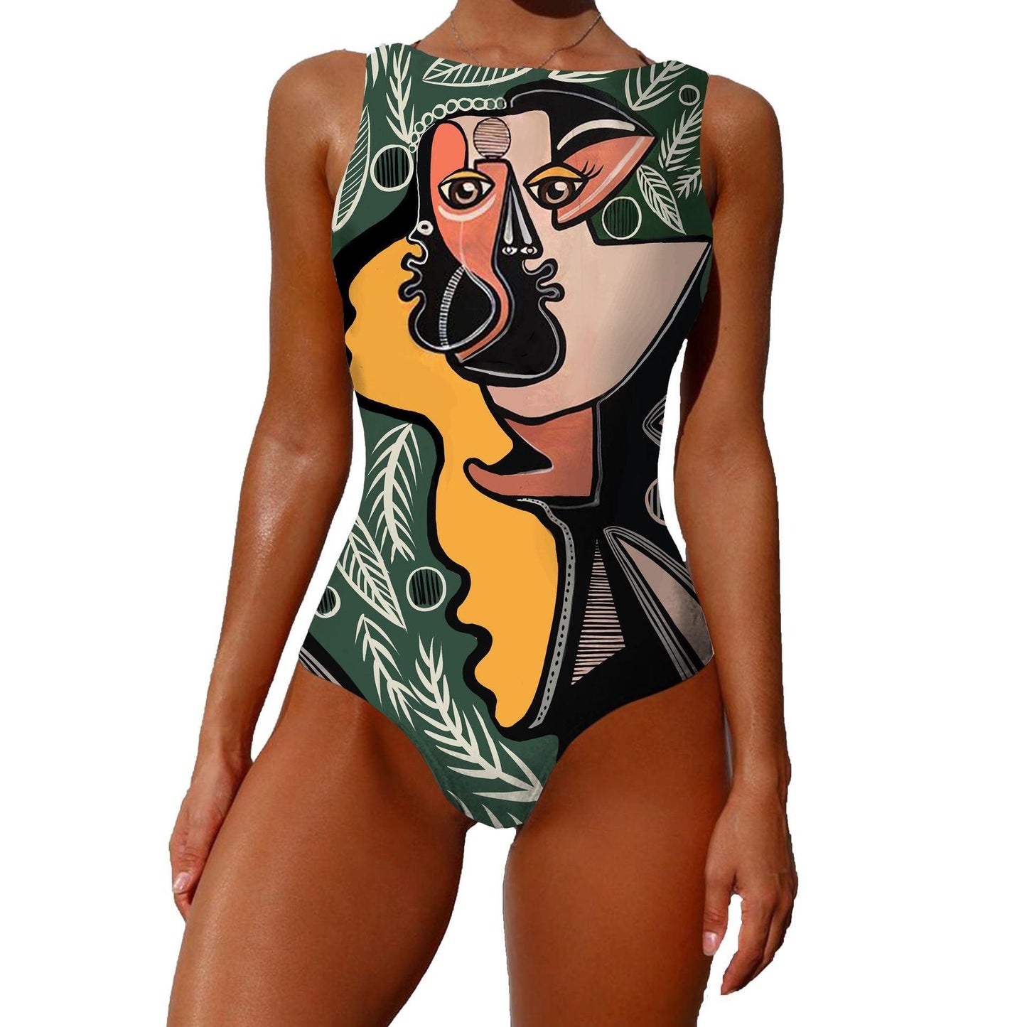 One-piece Fashion Vintage Abstract Print Lady Swimsuit Women Sleeveless Round Neck Bikini Swimwear Summer Push Up Swimsuit - Elite Essence Store