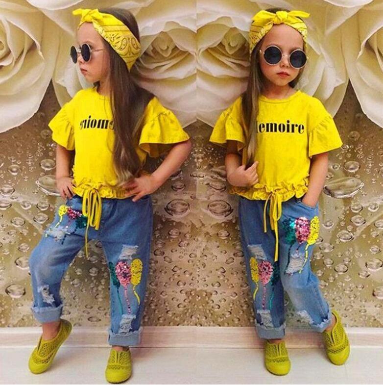 Girls Clothing Cotton Yellow Letter T-Shirt Jeans Suit - Elite Essence Store