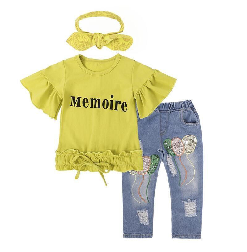 Girls Clothing Cotton Yellow Letter T-Shirt Jeans Suit - Elite Essence Store