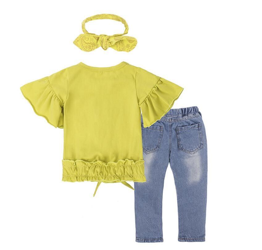 Girls Clothing Cotton Yellow Letter T-Shirt Jeans Suit - Elite Essence Store