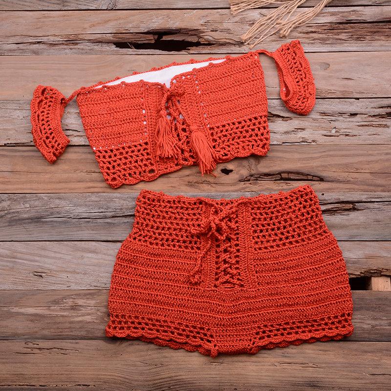 European and American hot style six-color beach bikini suit women's knitted swimwear crochet bohemian bra - Elite Essence Store