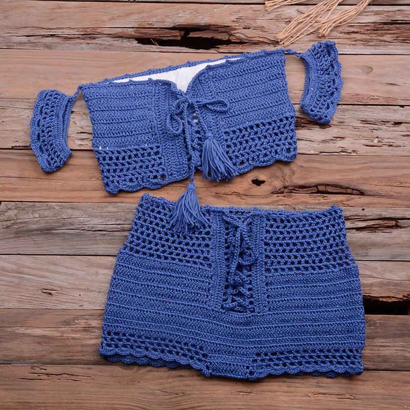 European and American hot style six-color beach bikini suit women's knitted swimwear crochet bohemian bra - Elite Essence Store