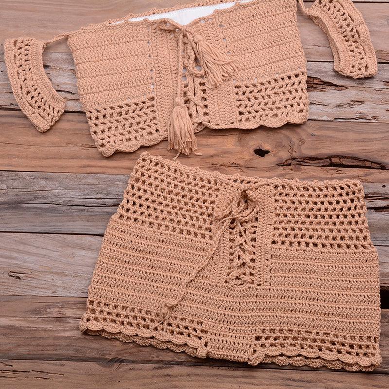 European and American hot style six-color beach bikini suit women's knitted swimwear crochet bohemian bra - Elite Essence Store