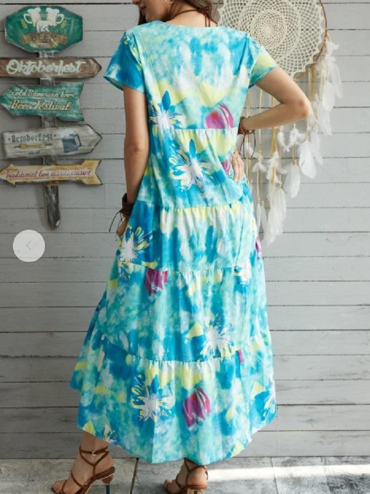 Tie Dye Green Print Short Sleeve Loose Dress Flowy O-Neck Beach Evening Party Dress - Elite Essence Store