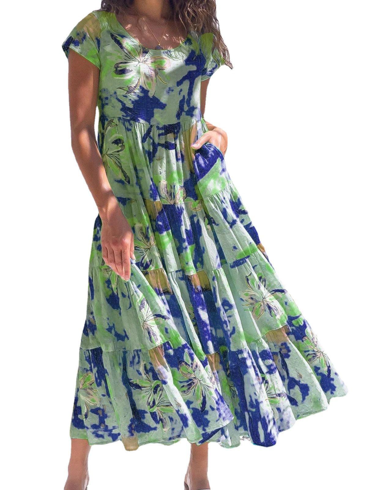 Tie Dye Green Print Short Sleeve Loose Dress Flowy O-Neck Beach Evening Party Dress - Elite Essence Store