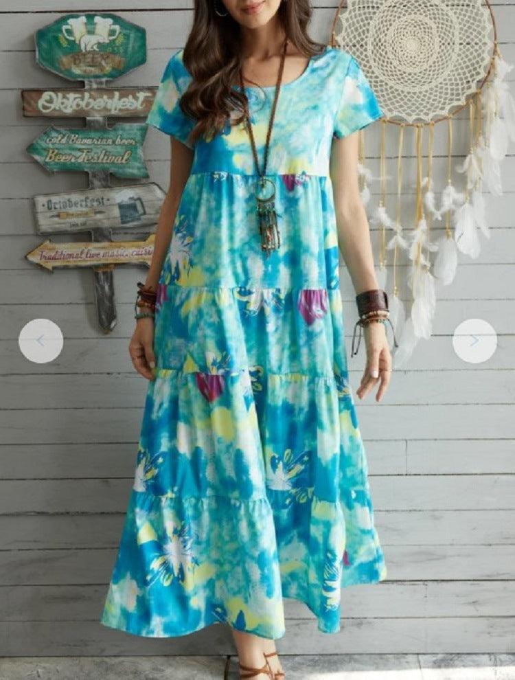 Tie Dye Green Print Short Sleeve Loose Dress Flowy O-Neck Beach Evening Party Dress - Elite Essence Store