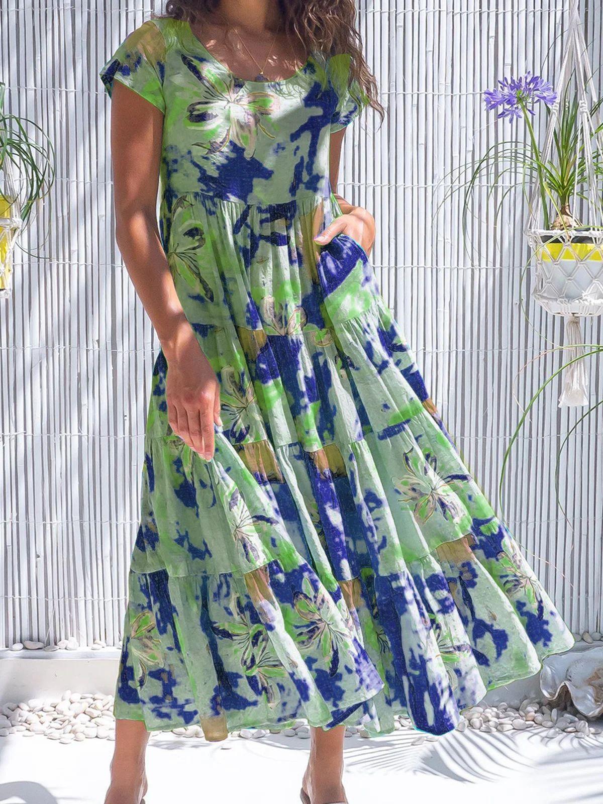 Tie Dye Green Print Short Sleeve Loose Dress Flowy O-Neck Beach Evening Party Dress - Elite Essence Store