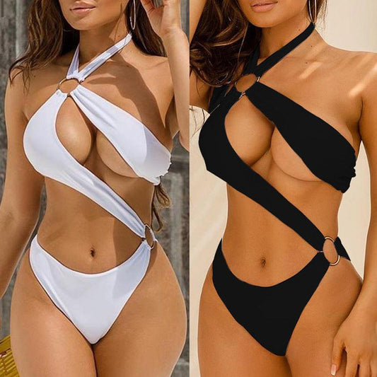 New Sexy One-piece Three-color Hollow Metal Ring Strap Bikini Swimsuit - Elite Essence Store