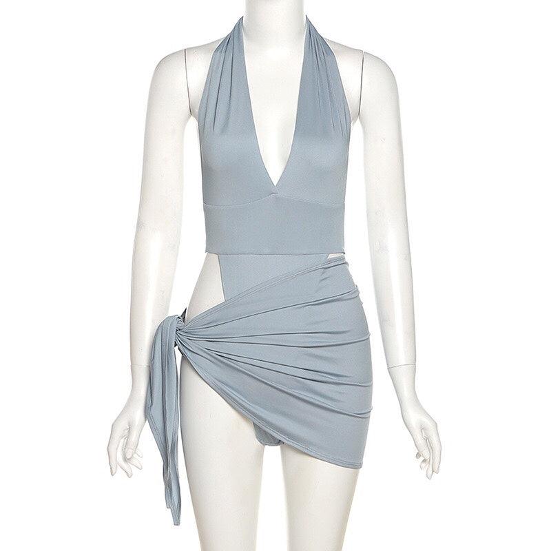 Gray-blue Two-piece Swimsuit With Snap Button To Wear Outside Swimsuit - Elite Essence Store