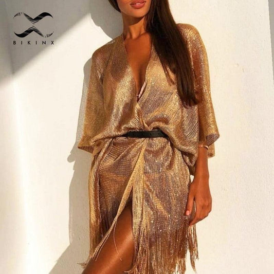 Tassel gold bikini cover up Sexy beach dress for women beach - Elite Essence Store