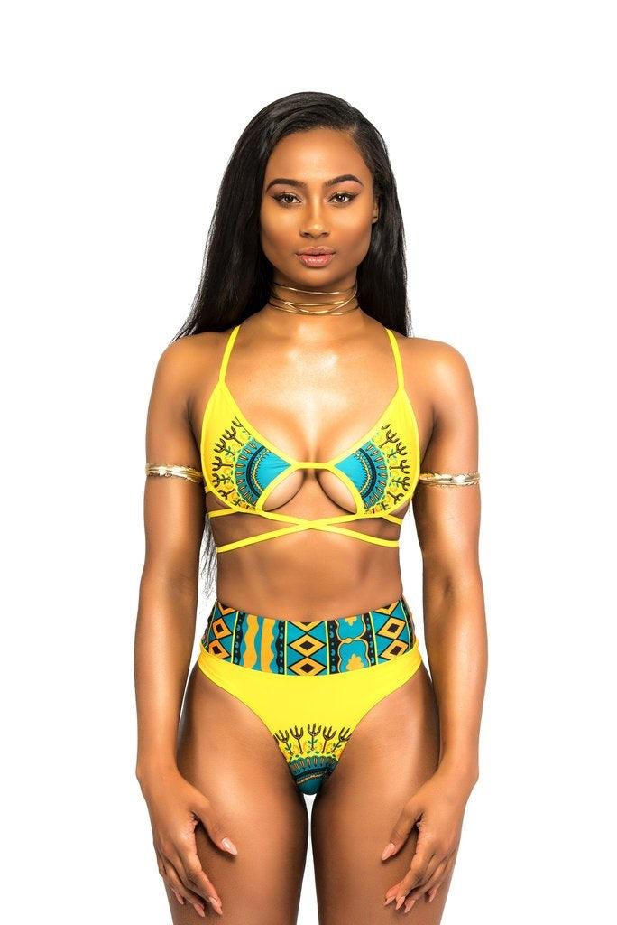 African Print Two-Pieces Bath Suits Bikini Set Sexy Geometric Swimwear Swimsuit Golden High Waist Swimming Suit - Elite Essence Store