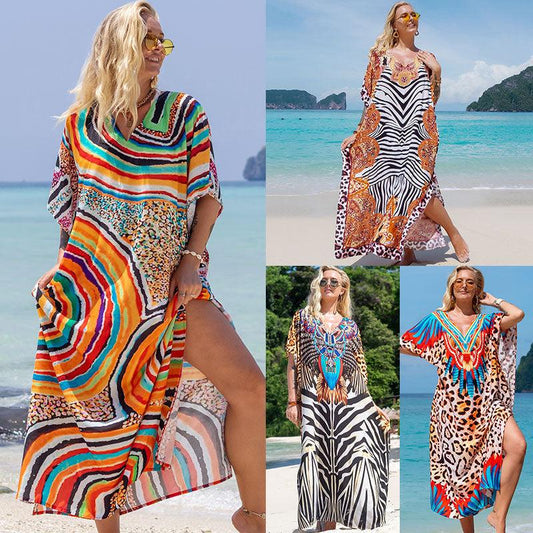 Rayon Printed Robe Seaside Holiday Sun Protection Shirt Beach Dress Bikini - Elite Essence Store