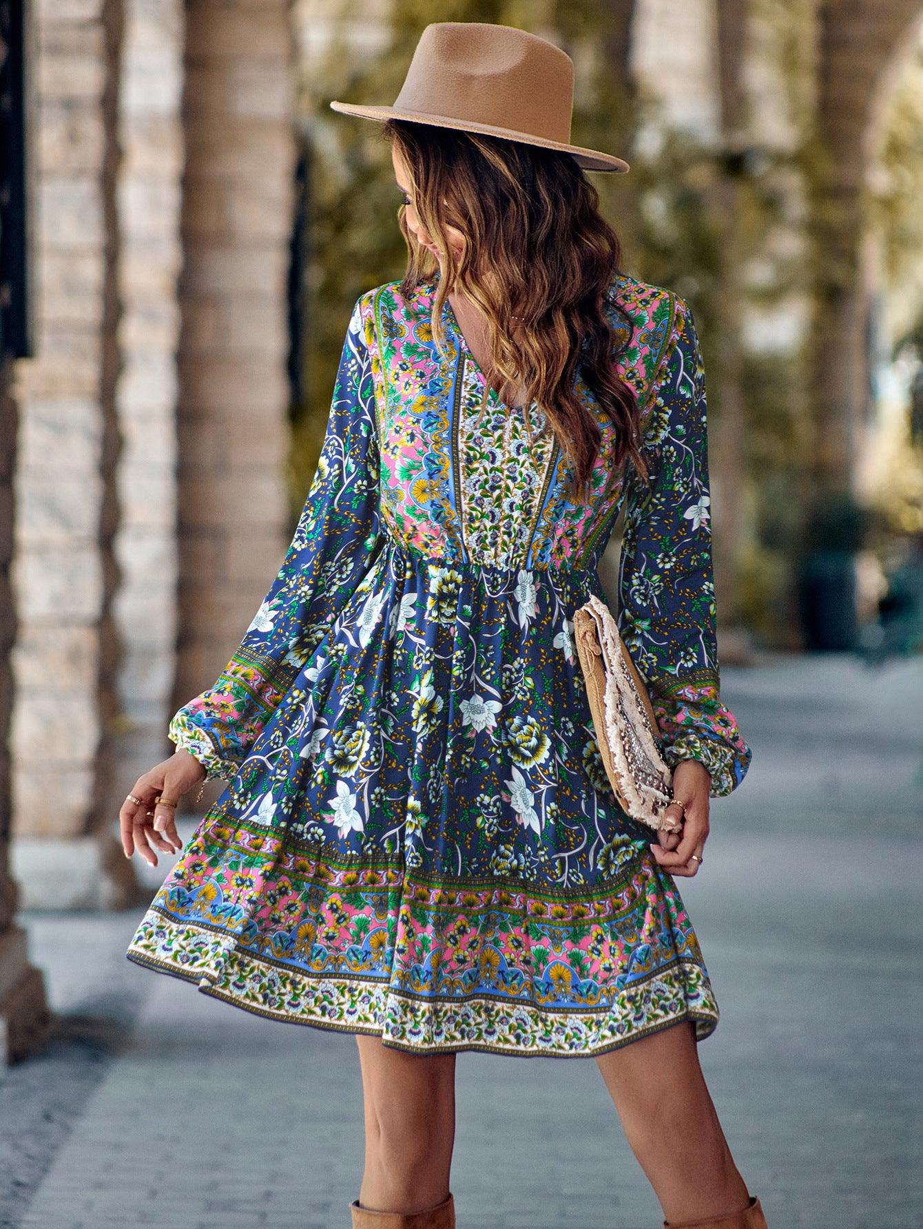 Printed V-neck Waist-controlled Long Sleeves Dress Women - Elite Essence Store