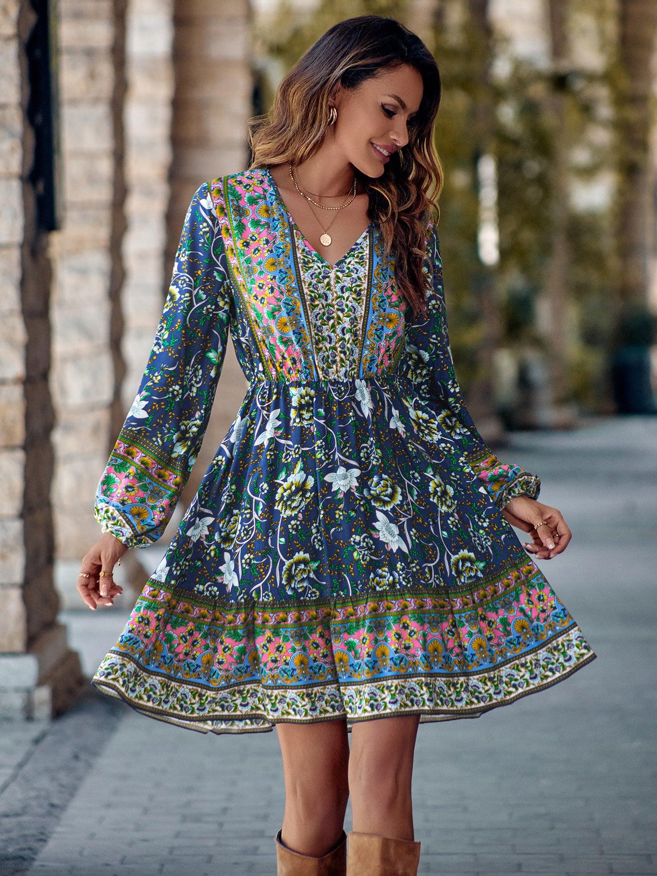 Printed V-neck Waist-controlled Long Sleeves Dress Women - Elite Essence Store