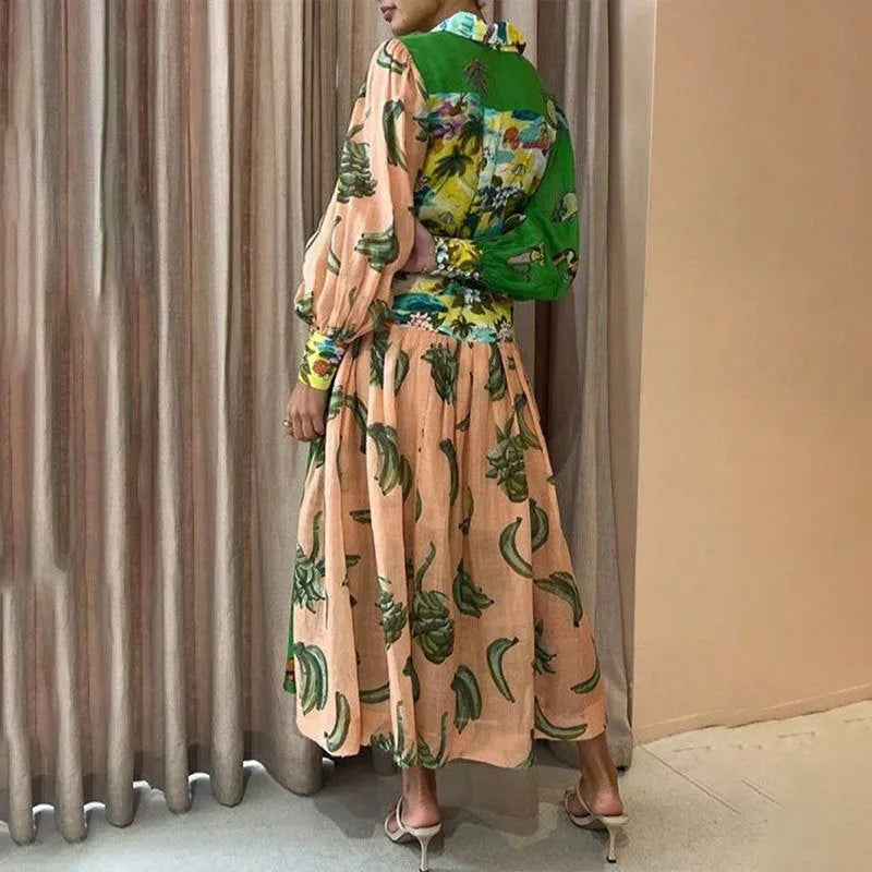 Elegant Lantern Sleeve Printed Long Lapel And Waist Tight Long Sleeve Dress