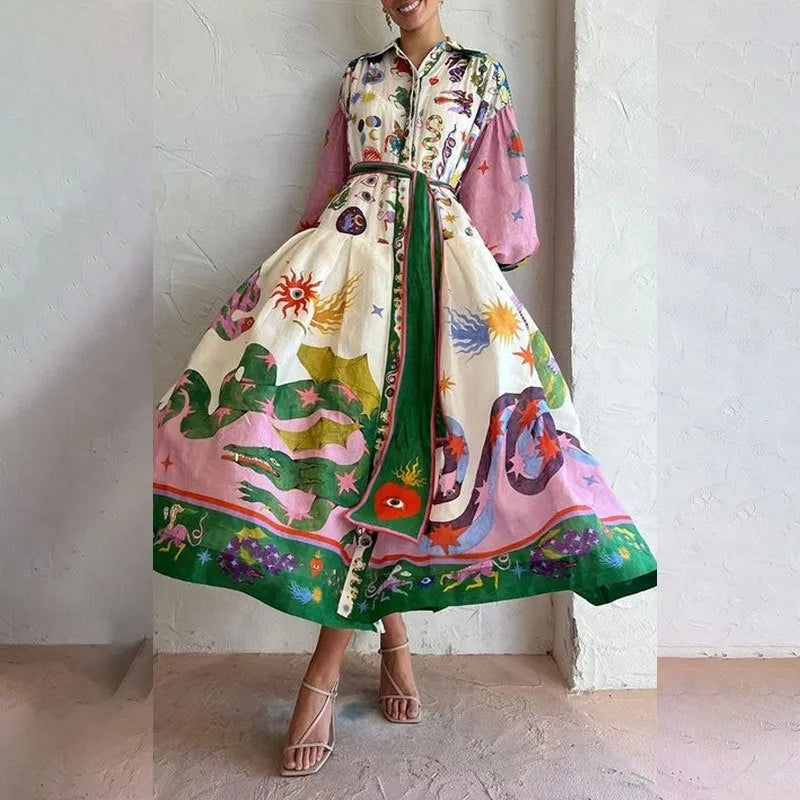 Elegant Lantern Sleeve Printed Long Lapel And Waist Tight Long Sleeve Dress