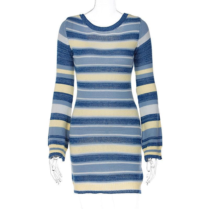 Knitted Sexy Backless Bell Sleeve Striped Dress Sweater - Elite Essence Store