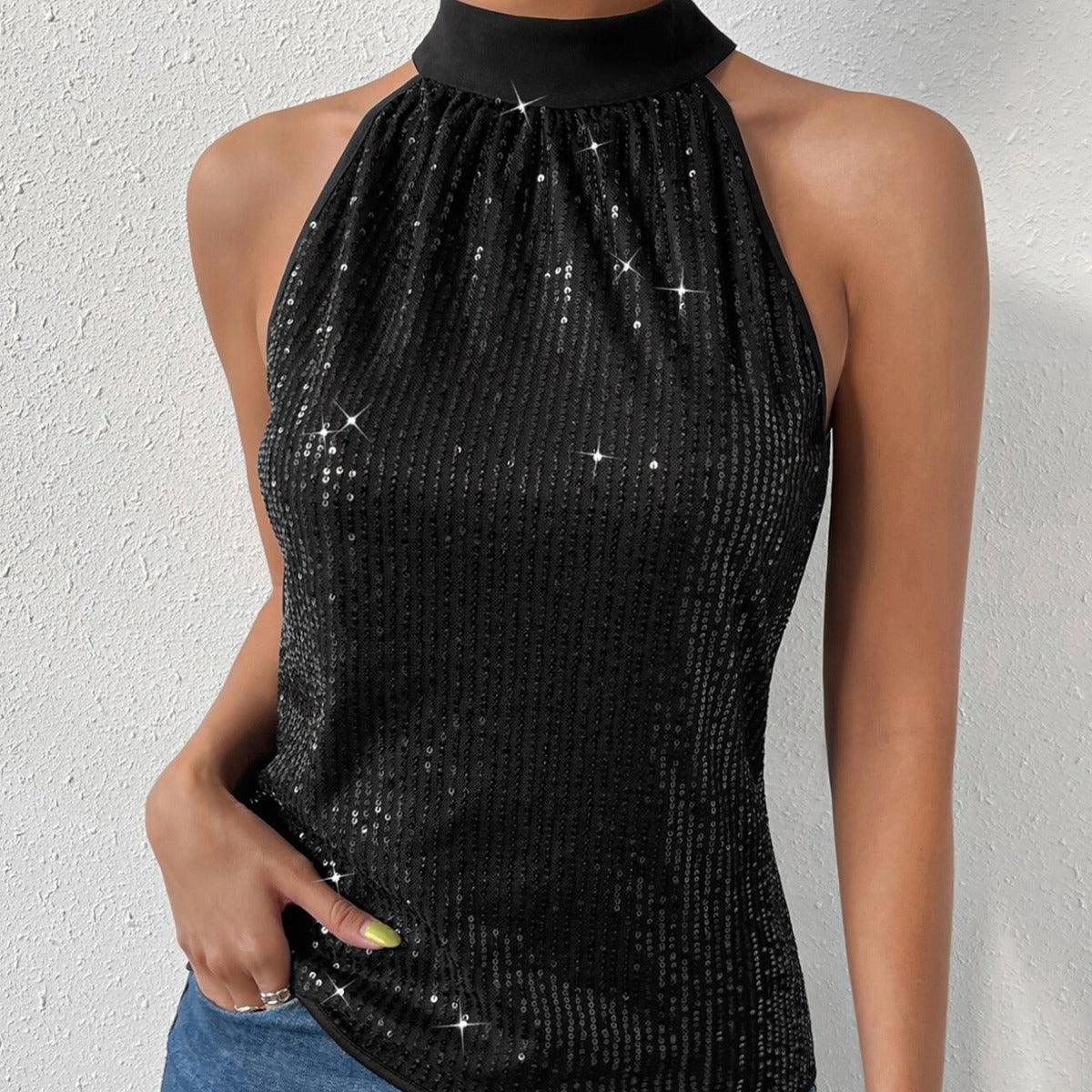 Lace-up Off-shoulder Sequined Top Elegant - Elite Essence Store