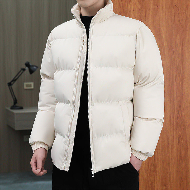 Winter Stand-collar Cotton Coat Couple Casual Warm Plus Velvet Thicken Solid Color Jacket For Men's Clothing