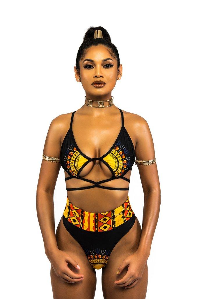 African Print Two-Pieces Bath Suits Bikini Set Sexy Geometric Swimwear Swimsuit Golden High Waist Swimming Suit - Elite Essence Store