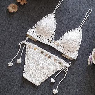 European And American New Women's Swimsuit Suit Beach Sunshine Bath Foreign Trade Handmade Crochet Tassel Split Bikini - Elite Essence Store