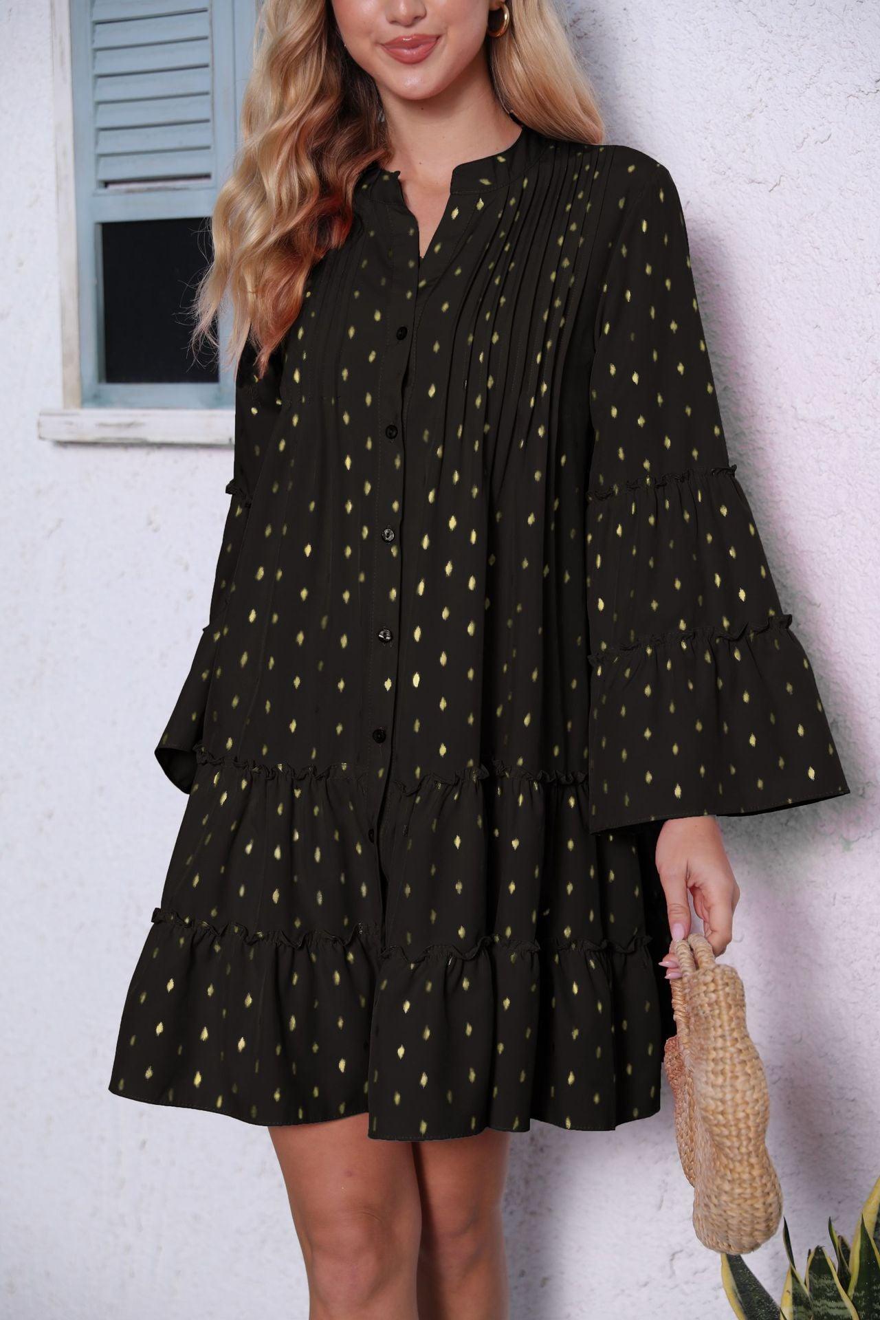 New Printed Bronzing Pleated Flared Long Sleeve Dress Summer Button Design Loose Dresses Fashion Womens Clothing - Elite Essence Store