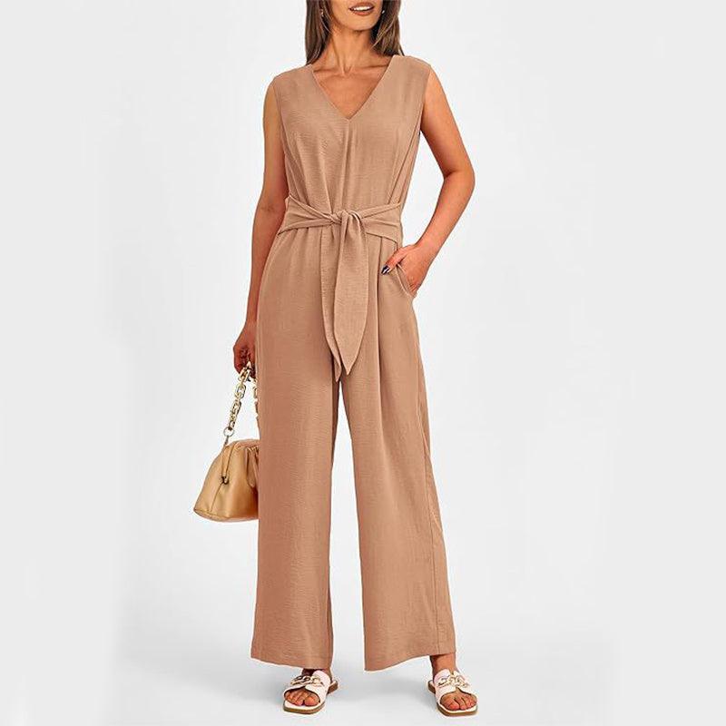 New V-neck Sleeveless Long Jumpsuit With Pockets And Lace-up Design Wide-leg Straight Trousers Summer Womens Clothing - Elite Essence Store