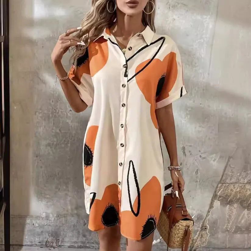 Plus Size Women's Printed Pleated Loose Shirt Dress