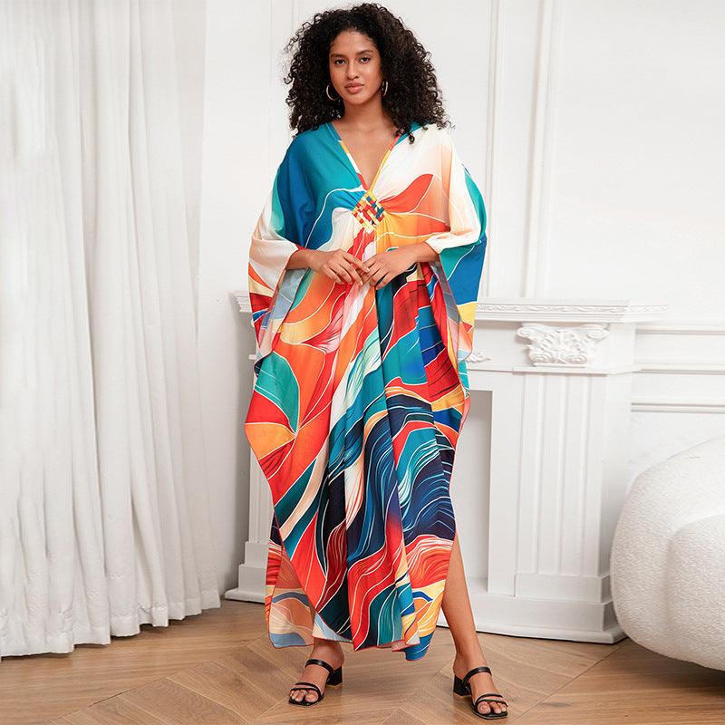 Print Holiday Loose Plus Size Robe Beach Cover-up Dress - Elite Essence Store