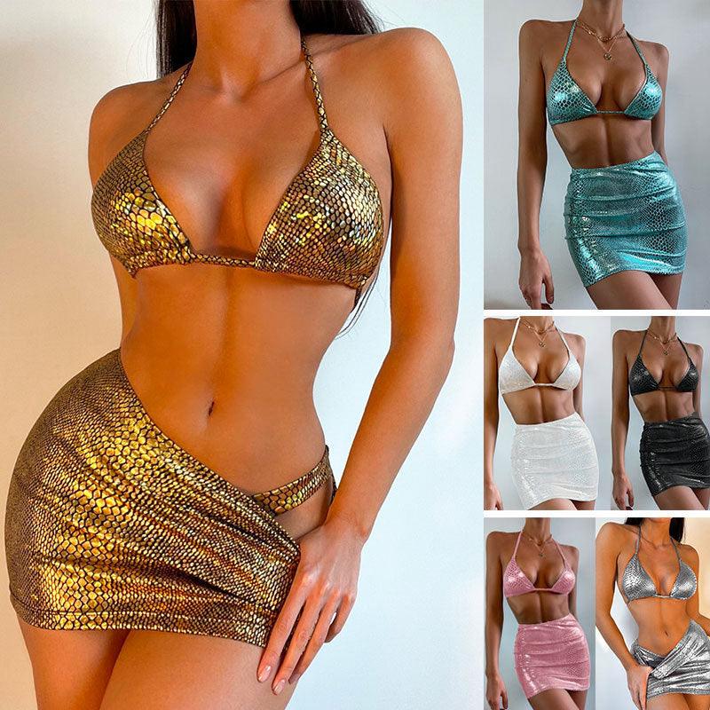 Women's 3 Piece Bathing Suits Halter Snake Pattern Bikini Set With Cover Up Skirt Summer Swimsuit - Elite Essence Store