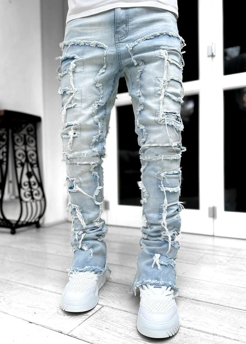 Men Trousers Individual Patched Pants Long Tight Fit Stacked Jeans For Mens Clothing - Elite Essence Store