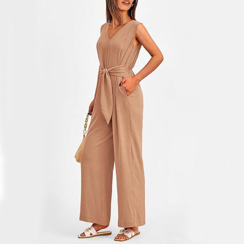 New V-neck Sleeveless Long Jumpsuit With Pockets And Lace-up Design Wide-leg Straight Trousers Summer Womens Clothing - Elite Essence Store