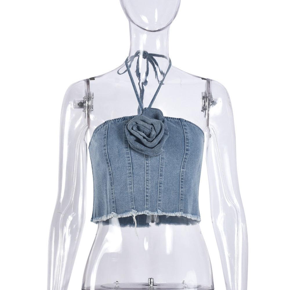 Women's Halter Tube Top Three-dimensional Flower Denim Top - Elite Essence Store