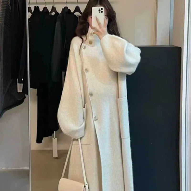 Mid-length Wool Overcoat Coat Women's Outer Wear Turtleneck Knitting Sweater Cardigan