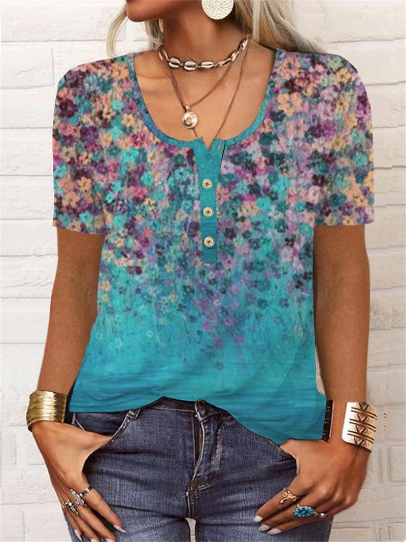 Summer Loose Short Sleeves Geometric Floral U-neck Button T-shirt - Elite Essence Store