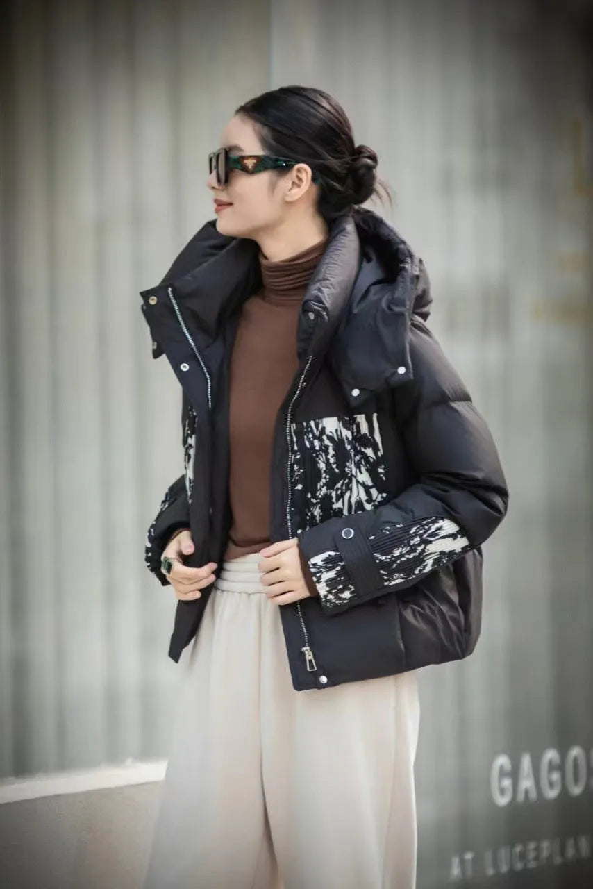 2 Korean Style Loose Lapel Hooded Short Stitching Down Jacket