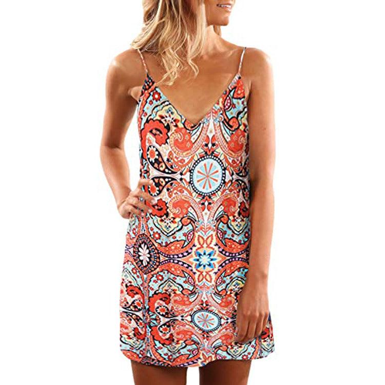 V-neck Suspender Open-back Printed Beach Boho Short Dress Beachwear - Elite Essence Store