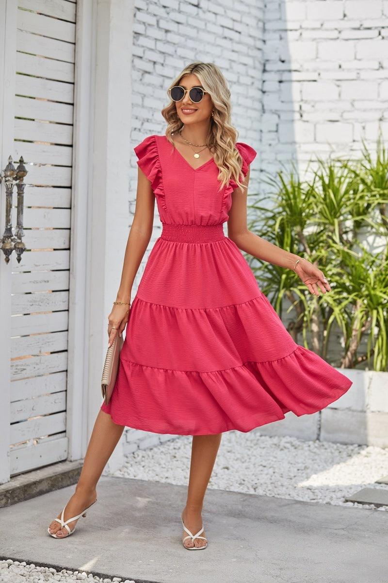 New Ruffled Sleeveless V-Neck Dress Summer Fashion Elastic Waist A-Line Dresses For Womens Clothing - Elite Essence Store