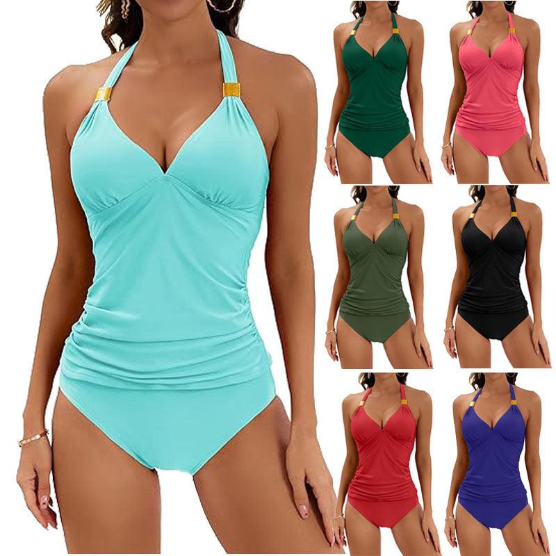 Women's Pure Color Halter Split Tie Two Piece Swimsuit - Elite Essence Store