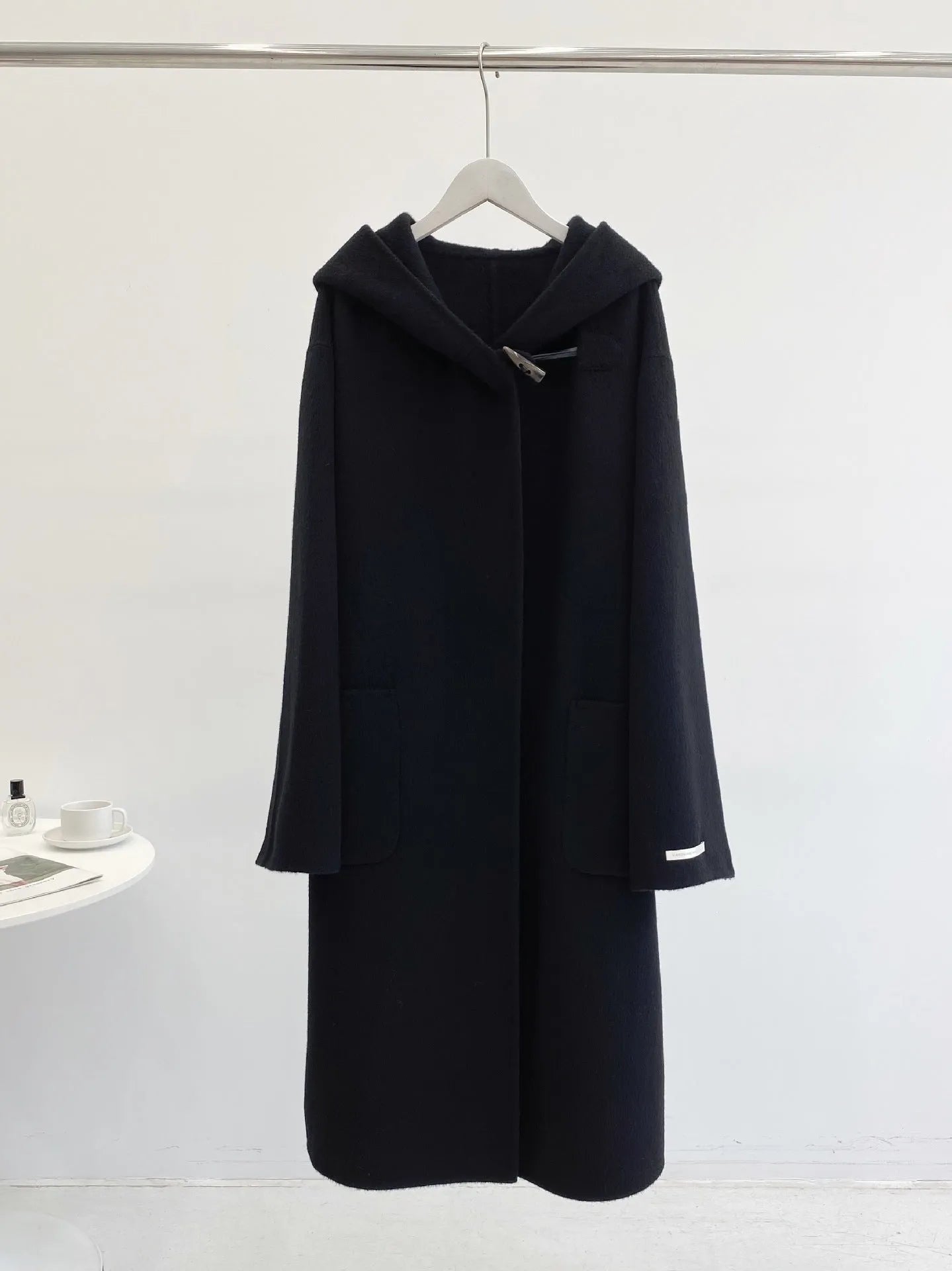 Hooded Dehaired Angora Horn Button Design Cape Reversible Cashmere Coat