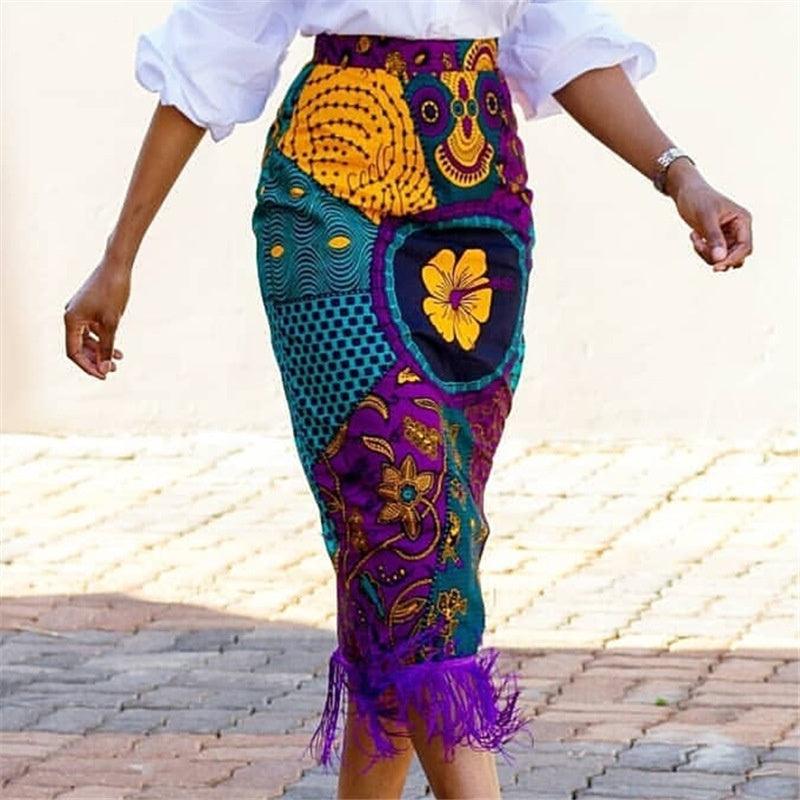 High Waist Print Stitching Tassel Hip Cross-border Plus Size Women's Party Skirt - Elite Essence Store