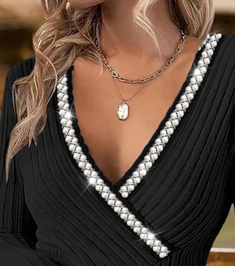 Bubble Beads V-neck Cross Sunken Stripe Top - Elite Essence Store