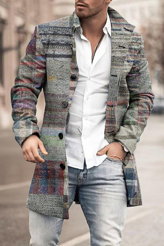 Woolen Printed Men's Coat Fashion Mid-length Trench Coat - Elite Essence Store