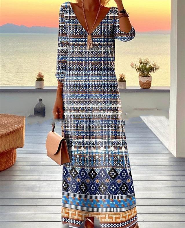 Female Vintage Stripe Printed V-neck Dress - Elite Essence Store