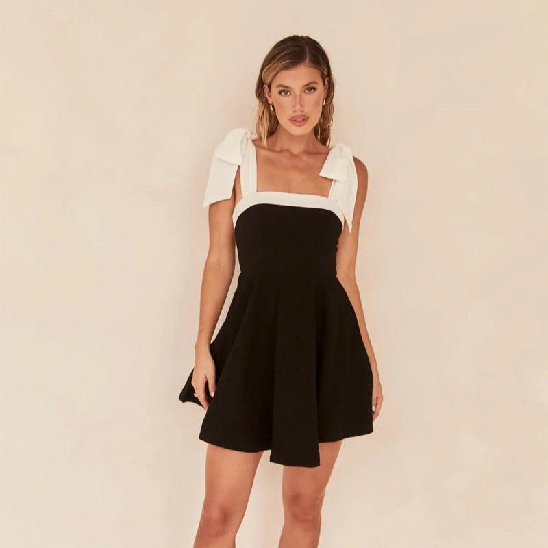 Square Collar Lace Up Waist Trimming Spaghetti Straps Little Short Dress - Elite Essence Store