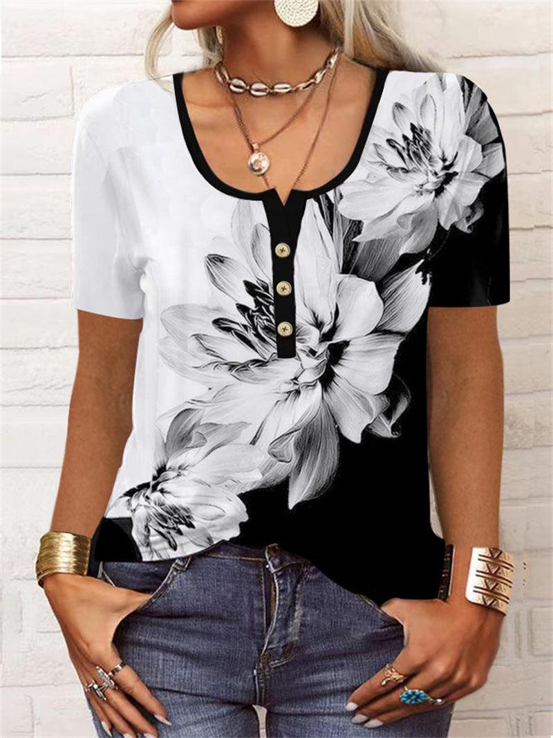 Summer Loose Short Sleeves Geometric Floral U-neck Button T-shirt - Elite Essence Store