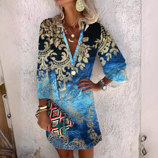 Summer V-neck Hanging Long Sleeve Printed Beach Bohemian Style Short Loose Dress Women - Elite Essence Store