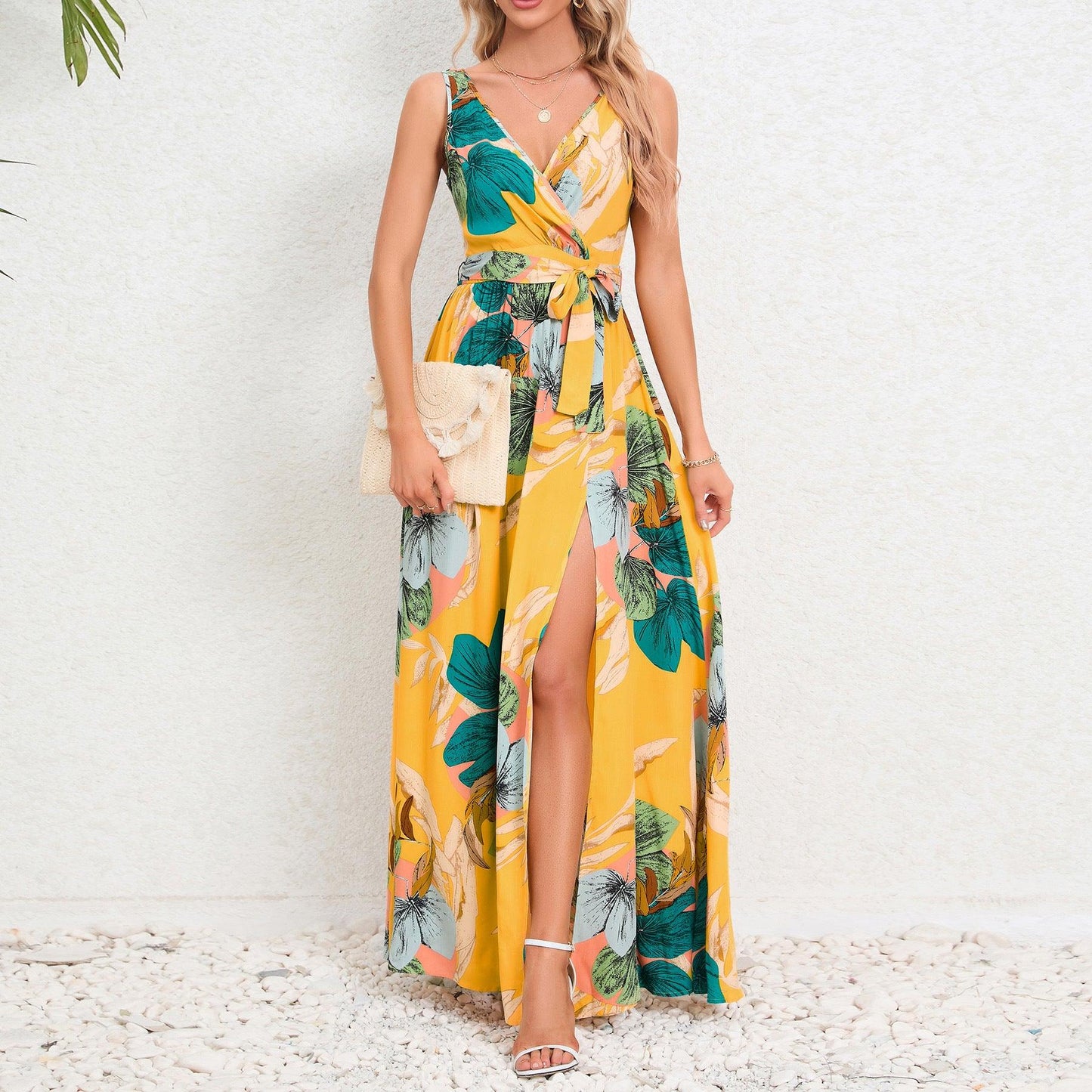 V-neck Floral Print Long Dress Summer Fashion Waist Tie Slit Design Sleeveless Dress For Womens Clothing - Elite Essence Store