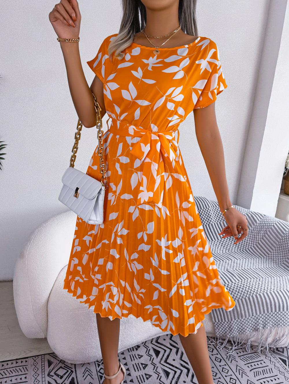 Leaf Print Dress Women Short Sleeve Lace-up Skirt Summer Beach Dress - Elite Essence Store